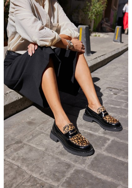 Ricky Kadın Siyah Gercek Deri Leopar Deri Garnılı Loafer