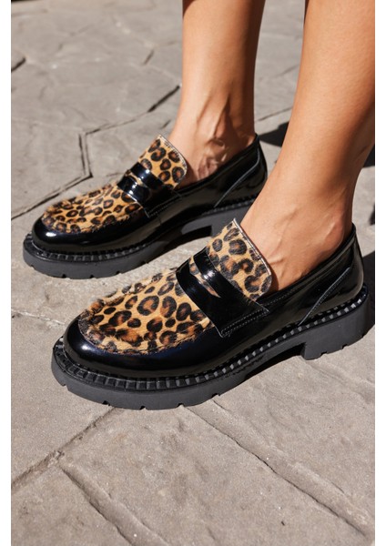 Ricky Kadın Siyah Gercek Deri Leopar Deri Garnılı Loafer modelleri