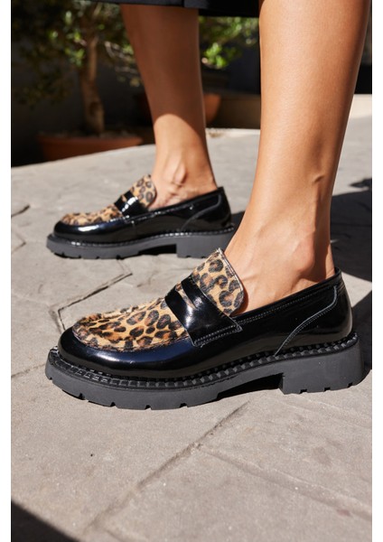 Ricky Kadın Siyah Gercek Deri Leopar Deri Garnılı Loafer fırsatları