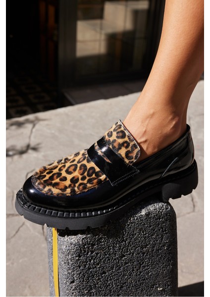 Ricky Kadın Siyah Gercek Deri Leopar Deri Garnılı Loafer indirimleri