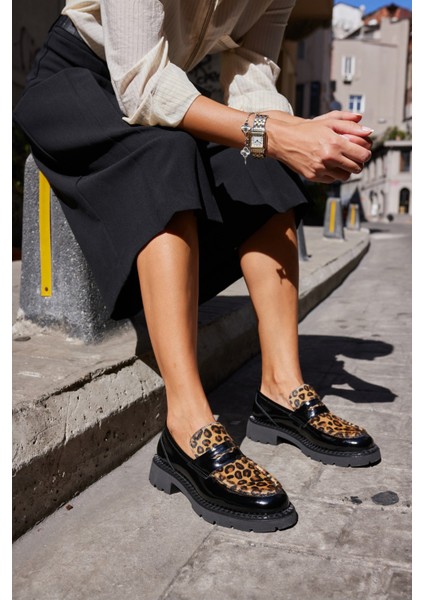 Ricky Kadın Siyah Gercek Deri Leopar Deri Garnılı Loafer