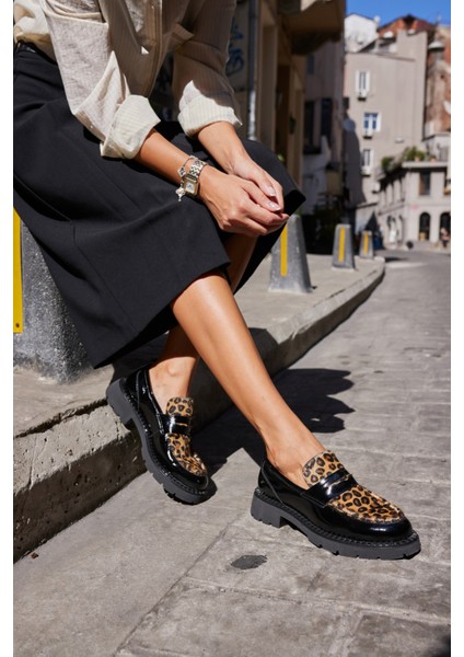 Ricky Kadın Siyah Gercek Deri Leopar Deri Garnılı Loafer