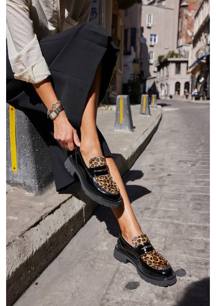 Ricky Kadın Siyah Gercek Deri Leopar Deri Garnılı Loafer