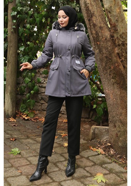 Fermuarlı Kapşonlu Mont Gri 19270