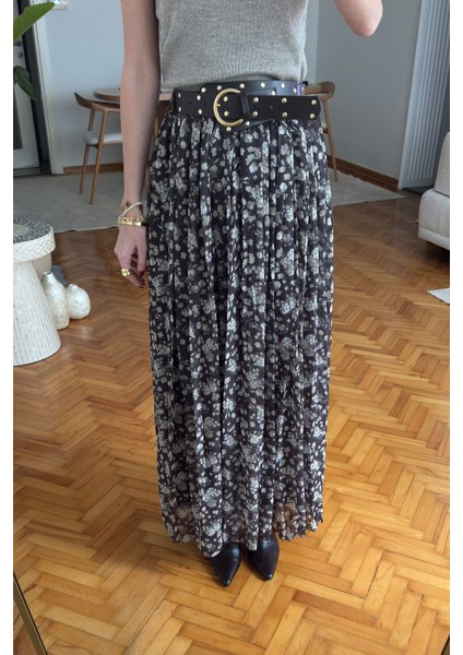 Çiçek Desen Tasarım Kemerli Pileli Şifon Etek- Haki fırsatları