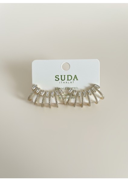 Zirkon Taşlı Çoklu Görünümlü Gold Renkli Çelik Küpe