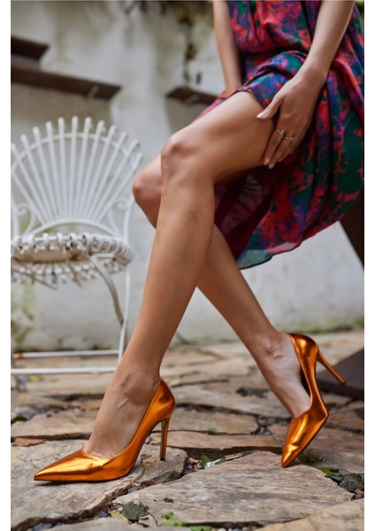 Lizbon Kadın Orange Metalık Stıleto