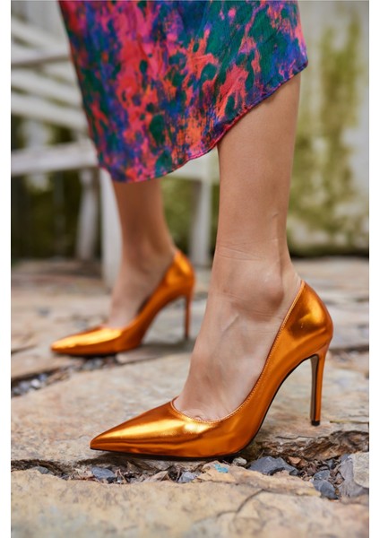 Lizbon Kadın Orange Metalık Stıleto