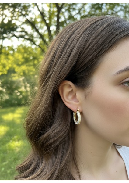 Zirkon Taş Kaplama Gold Renkli Çelik Halka Küpe