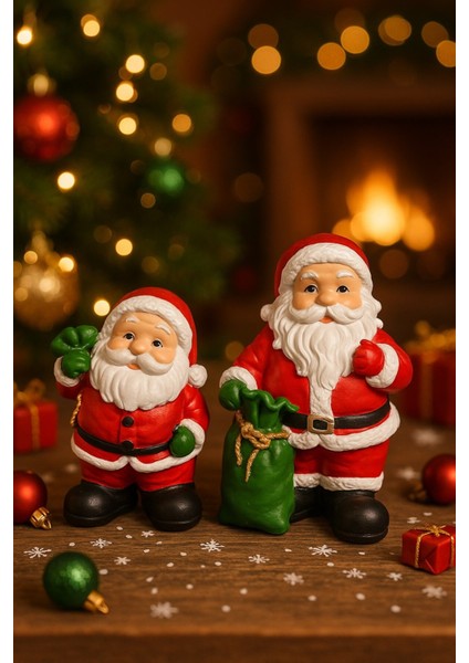 Yılbaşı Christmas 2’li Noel Baba Temalı Yılbaşı Masası Için Dekoratif Biblo Hediye Set 9 cm & 11 Cm