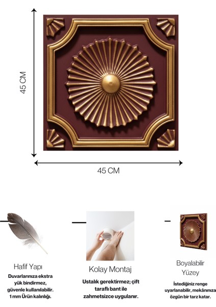 Royal Bordo Altın Eskitme 45X45 cm Dekoratif Duvar Paneli – 6’lı Set