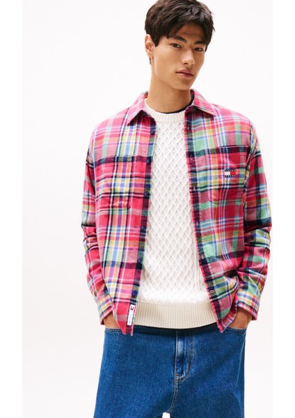 Oversized Pembe Çizgili Erkek Gömlek DM0DM22020XI5 Tjm Utılıty Flannel O fiyatları