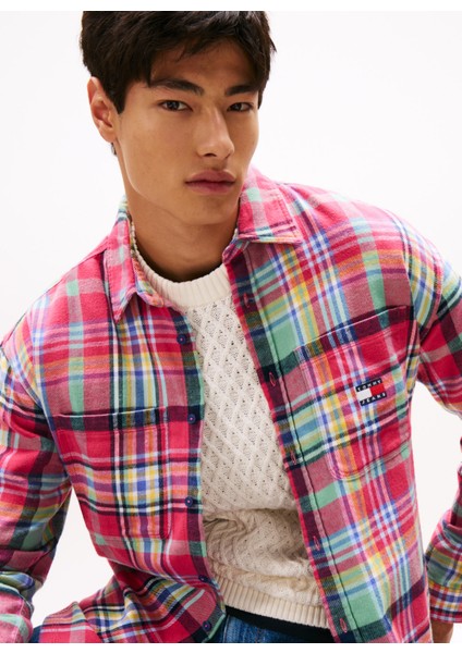Oversized Pembe Çizgili Erkek Gömlek DM0DM22020XI5 Tjm Utılıty Flannel O modelleri