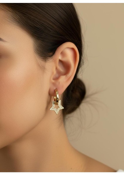 Yıldız Model Zirkon Taşlı Gold Renk Çelik Küpe