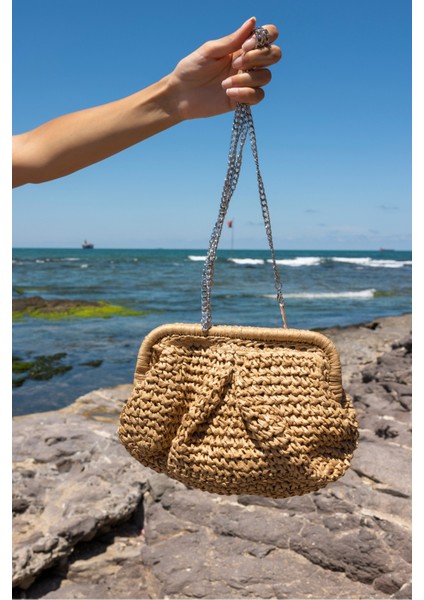 Jude Kadin Lacivert Hasır Zincir Detayli Plaj-Gunluk Çanta