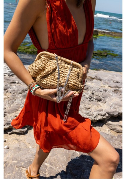 Jude Kadin Lacivert Hasır Zincir Detayli Plaj-Gunluk Çanta