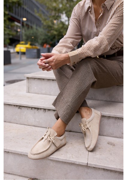 Poet Kadin Bej Gercek Suet Loafer Ayakkabi