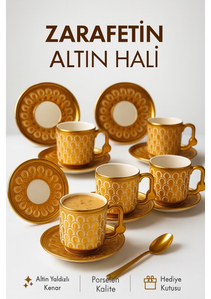 Altın Desenli 6’lı Lüks Porselen Kahve Fincan Seti 50 ml | Şık Sunum ve Hediye Seti