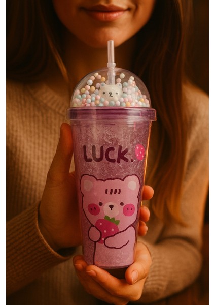 Çılgın Bear Suluk Pipetli Buzlu Cam Görünümlü 450 ml Çift Katman Mika Sevimli Suluk 2093 Mor