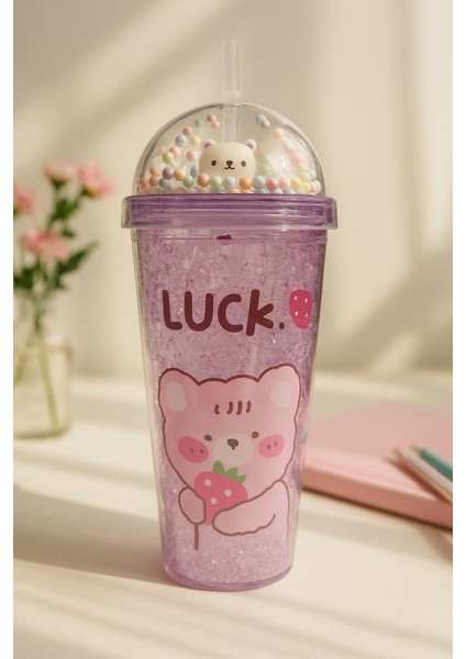 Çılgın Bear Suluk Pipetli Buzlu Cam Görünümlü 450 ml Çift Katman Mika Sevimli Suluk 2093 Mor fiyatları