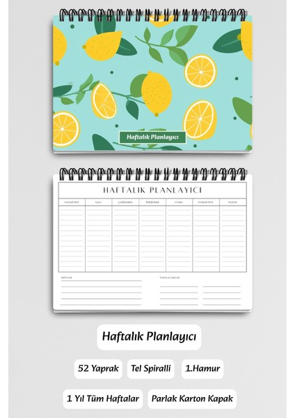 Mavi Limon Desenli A5 Tel Spiralli Yapılacaklar Notlar Listesi Haftalık Planlayıcı modelleri