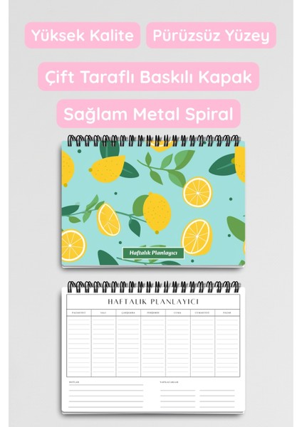 Mavi Limon Desenli A5 Tel Spiralli Yapılacaklar Notlar Listesi Haftalık Planlayıcı