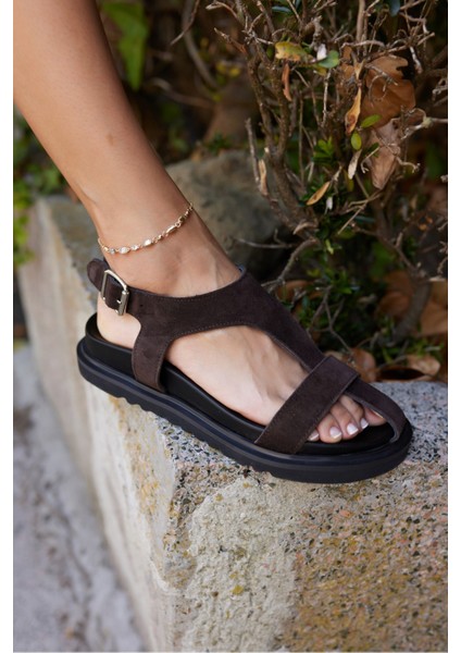 Pesco Kadin Kahve Suet Sandalet