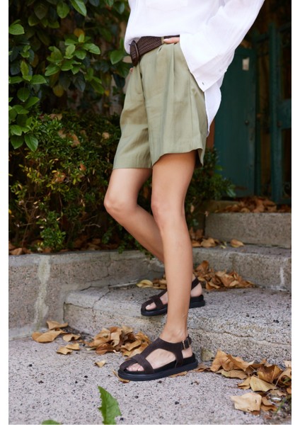 Pesco Kadin Kahve Suet Sandalet