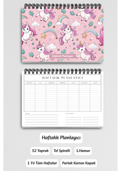 Pembe Unicorn Temalı A5 Tel Spiralli Yapılacaklar Notlar Listesi Haftalık Planlayıcı modelleri
