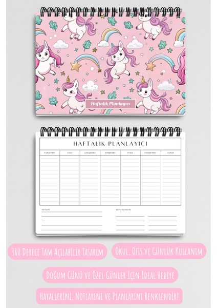 Pembe Unicorn Temalı A5 Tel Spiralli Yapılacaklar Notlar Listesi Haftalık Planlayıcı indirimleri