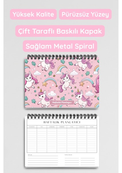 Pembe Unicorn Temalı A5 Tel Spiralli Yapılacaklar Notlar Listesi Haftalık Planlayıcı