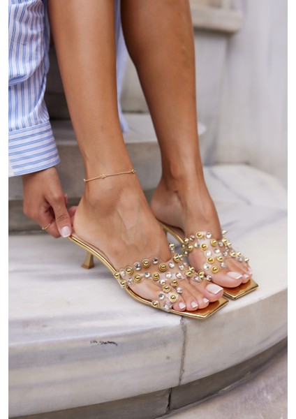 Alfi Kadin Altin Şefaf Taşli Topuklu Terlık