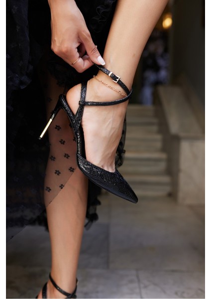 Alya Kadın Gumus Desenli Topuklu Sandalet