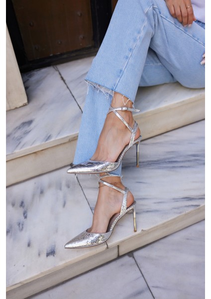 Alya Kadın Gumus Desenli Topuklu Sandalet modelleri