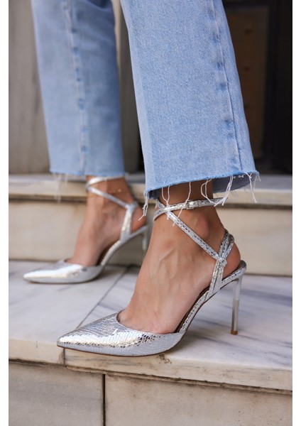 Alya Kadın Gumus Desenli Topuklu Sandalet
