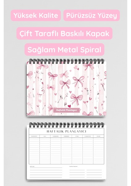 Pembe Buket ve Çiçek Temalı A5 Tel Spiralli Yapılacaklar Notlar Listesi Haftalık Planlayıcı