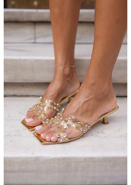 Alfi Kadin Altin Şefaf Taşli Topuklu Terlık