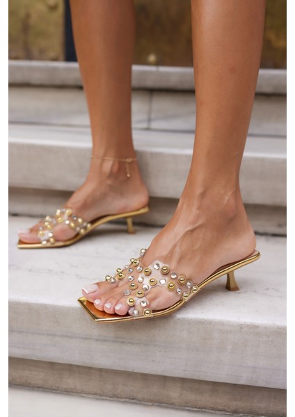 Alfi Kadin Altin Şefaf Taşli Topuklu Terlık