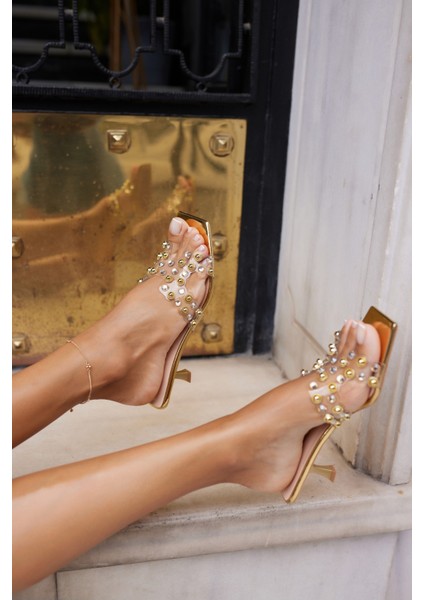 Alfi Kadin Altin Şefaf Taşli Topuklu Terlık