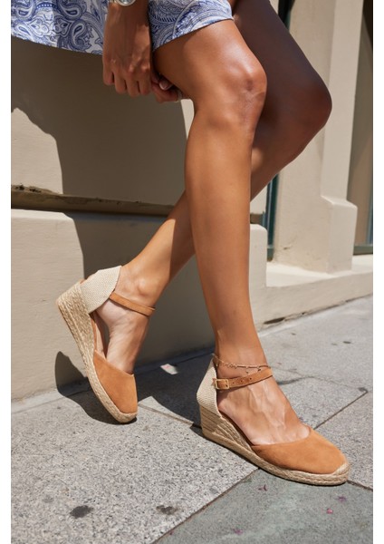 Miss Kadın Bej Biskuvi Gercek Deri Suet 5 cm Topuklu Espadrıl Sandalet