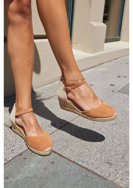 Miss Kadın Bej Biskuvi Gercek Deri Suet 5 cm Topuklu Espadrıl Sandalet fırsatları