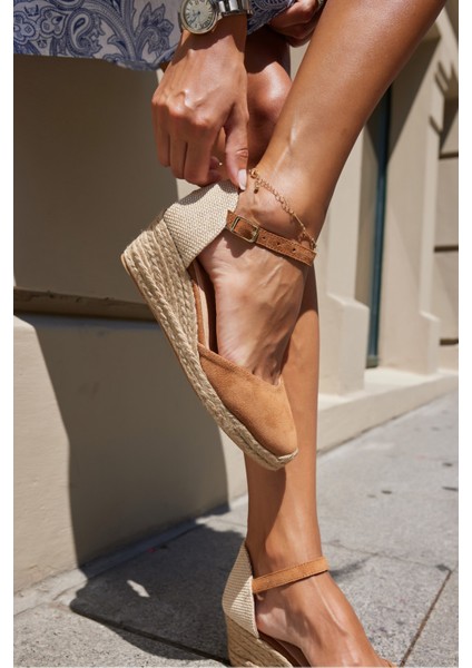 Miss Kadın Bej Biskuvi Gercek Deri Suet 5 cm Topuklu Espadrıl Sandalet indirimleri