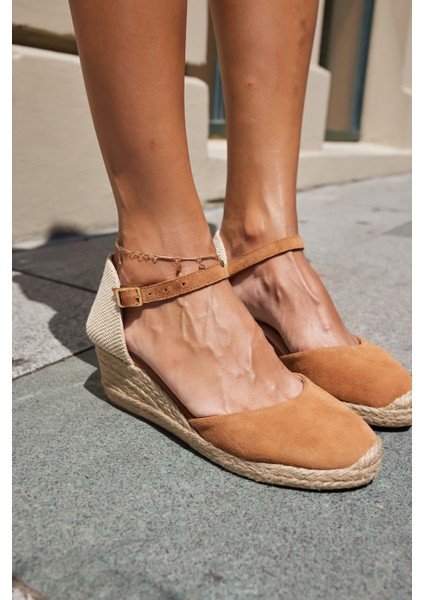 Miss Kadın Bej Biskuvi Gercek Deri Suet 5 cm Topuklu Espadrıl Sandalet