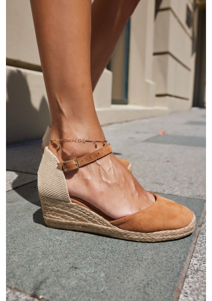 Miss Kadın Bej Biskuvi Gercek Deri Suet 5 cm Topuklu Espadrıl Sandalet