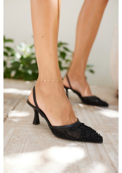 March Kadın Beyaz Tul Işleme Detay Topuklu Ayakkabi