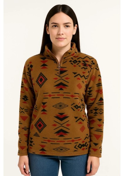 Kadın Yarım Fermuarlı Desenli Polar Sweat Tribal Etnik Desen Yakalı, Uzun Kollu, Oversize Rahat Kalıp - Kahverengi