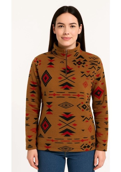 Kadın Yarım Fermuarlı Desenli Polar Sweat Tribal Etnik Desen Yakalı, Uzun Kollu, Oversize Rahat Kalıp - Kahverengi fiyatları
