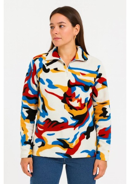 Kadın Yarım Fermuarlı Desenli Polar Sweat – Renkli Abstract Desen Yakalı, Uzun Kollu, Oversize Rahat Kalıp - Beyaz modelleri