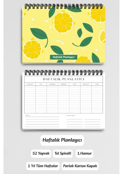 Sarı Limon Desenli A5 Tel Spiralli Yapılacaklar Notlar Listesi Haftalık Planlayıcı modelleri