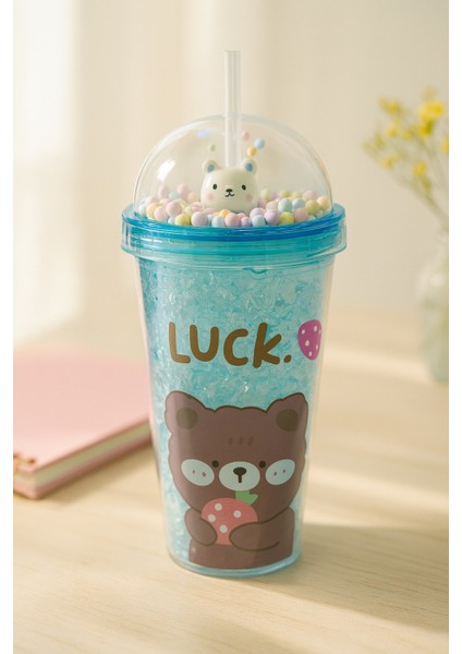 Çılgın Bear Suluk Pipetli Buzlu Cam Görünümlü 450 ml Çift Katman Mika Sevimli Suluk 2093 Mavi